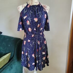 Navy Floral Halter Dress With Short Sleeves
